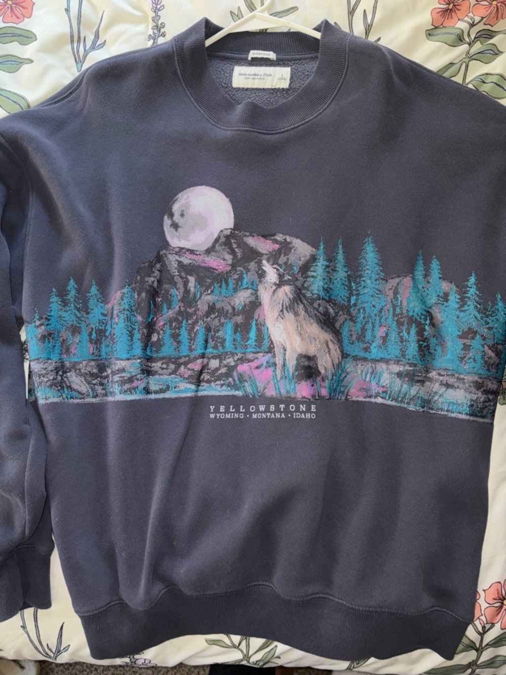 Abercrombie & Fitch Navy Yellowstone Wolf Graphic Crewneck HTF